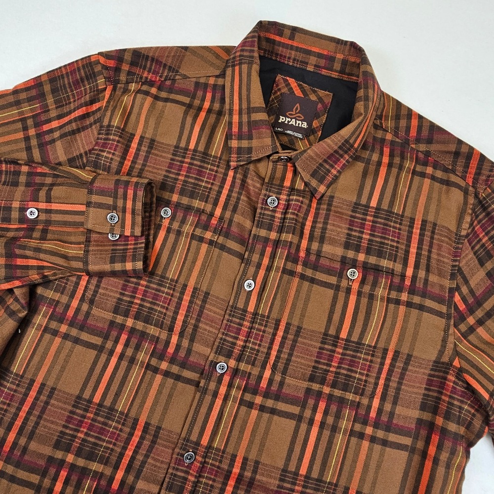 Prana Mens Large Plaid Button Down Shirt Brown Orange Long Sleeve Pockets